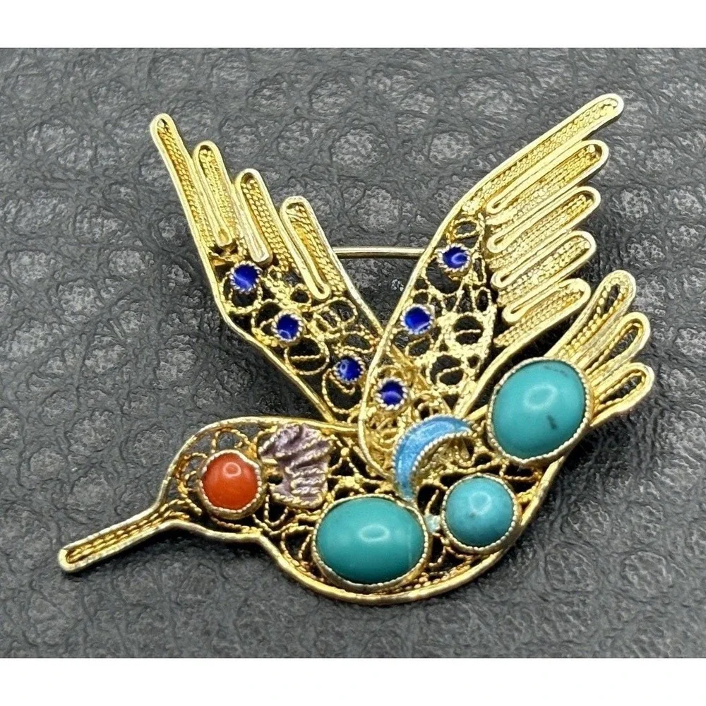 VTG Hummingbird Brooch Vermeil 925 Sterling Silver Turquoise Coral Blue Enamel